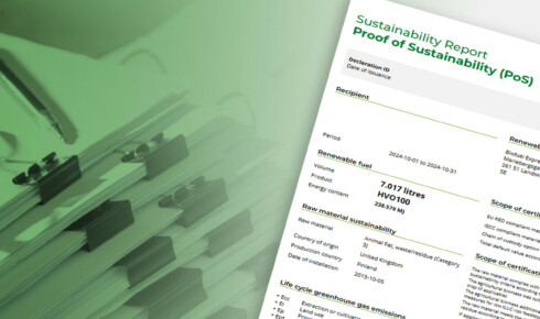 Example Biofuel Express Proof of Sustainability document showing fuel volume, HVO100 certification scheme, and GHG emissions-savings data